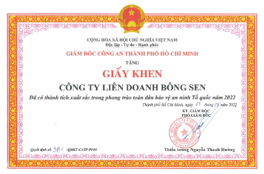 CÔNG AN THÀNH PHỐ HỒ CHÍ MINH TẶNG GIẤY KHEN CẢNG LOTUS ĐÃ  CÓ THÀNH TÍCH XUẤT SẮC TRONG PHONG TRÀO TOÀN DÂN BẢO VỆ AN NINH TỔ QUỐC NĂM 2022