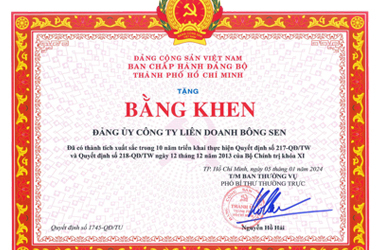 THÀNH ỦY TP.HCM KHEN THƯỞNG ĐẢNG ỦY CÔNG TY LIÊN DOANH BÔNG SEN ĐÃ CÓ THÀNH TÍCH XUẤT SẮC 10 NĂM