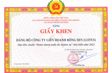 (03-04-2023) ĐẢNG BỘ CÔNG TY LIÊN DOANH BÔNG SEN ĐẠT TIÊU CHUẨN “HOÀN THÀNH XUẤT SẮC NHIỆM VỤ” TIÊU BIỂU NĂM 2022 ĐƯỢC ĐẢNG ỦY KHỐI CƠ SỞ BỘ CÔNG THƯƠNG TẠI TP.HCM TRAO TẶNG GIẤY KHEN